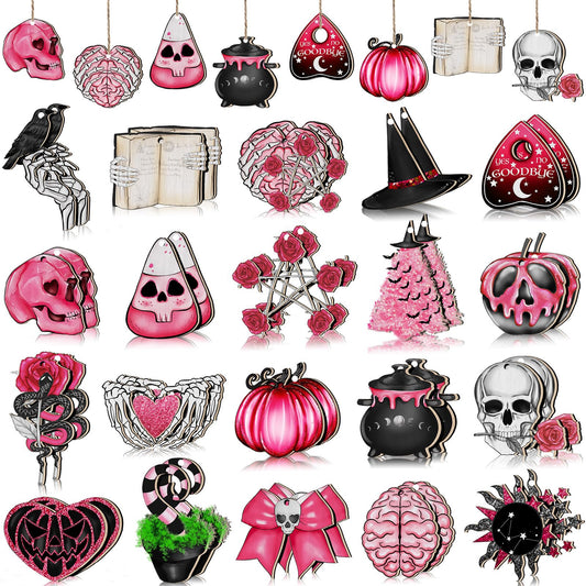 Maitys 40 Pcs Pink Horror Christmas Ornaments for Tree Spooky Creepy Christmas Tree Decorations Vintage Gothic Horror Skull Skeleton Ghost Witch Wooden Sign for Home Craft Party Gift