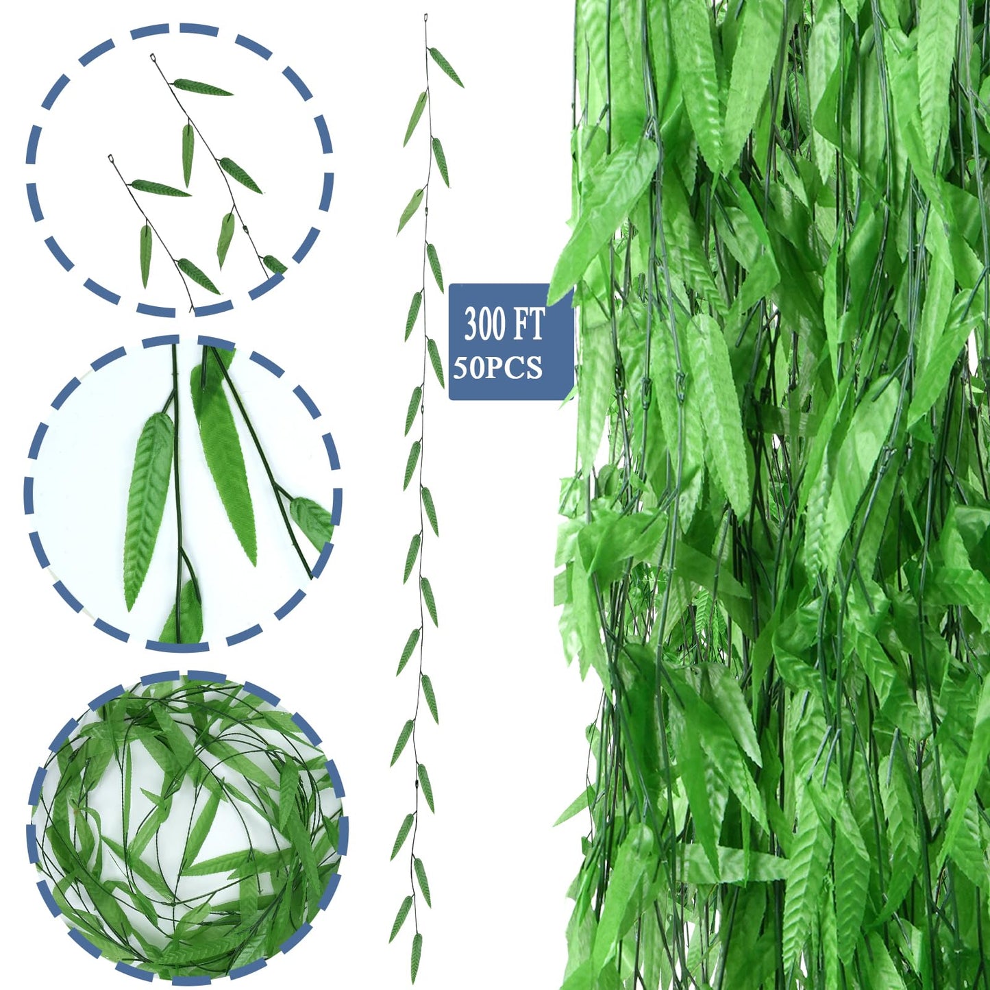 HONVONTU 50PCS 300 FT Artificial Vines Greenery Garland Faux Willow Vines Fake Foliage Leaf Silk Plants Greenery Decoration for Home Wall Aesthetic Wedding Arch Apartment Room Windowsill Balcony