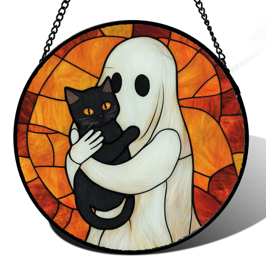 CRISGIF Stained Glass Window Hanging - Halloween Decorations White Ghost Black Cat Suncatcher for Doors Garden Spooky Funny Orange Sun Catchers Gothic Decor Horror Gifts for Women Men Friend 7.8 in