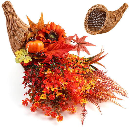 Funnymoom Thanksgiving Fall Table Cornucopia Centerpiece Set with Decorative Artificial Leaves 13.78'' Cornucopia Basket Pumpkin Horn of Plenty Decoration for Harvest Dining Table Decor(Elegant)