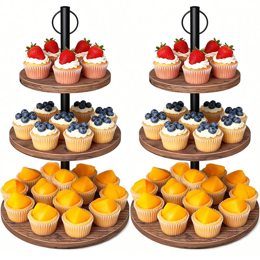 LZelriy Cupcake Stand, 2 Pack Rustic Wood Cake Stand, 3 Tier Cupcake Tower Round Tiered Tray Stand for Dessert Table Display, Industrial Wooden Serving Stand Wedding, Graduation and Baby Shower