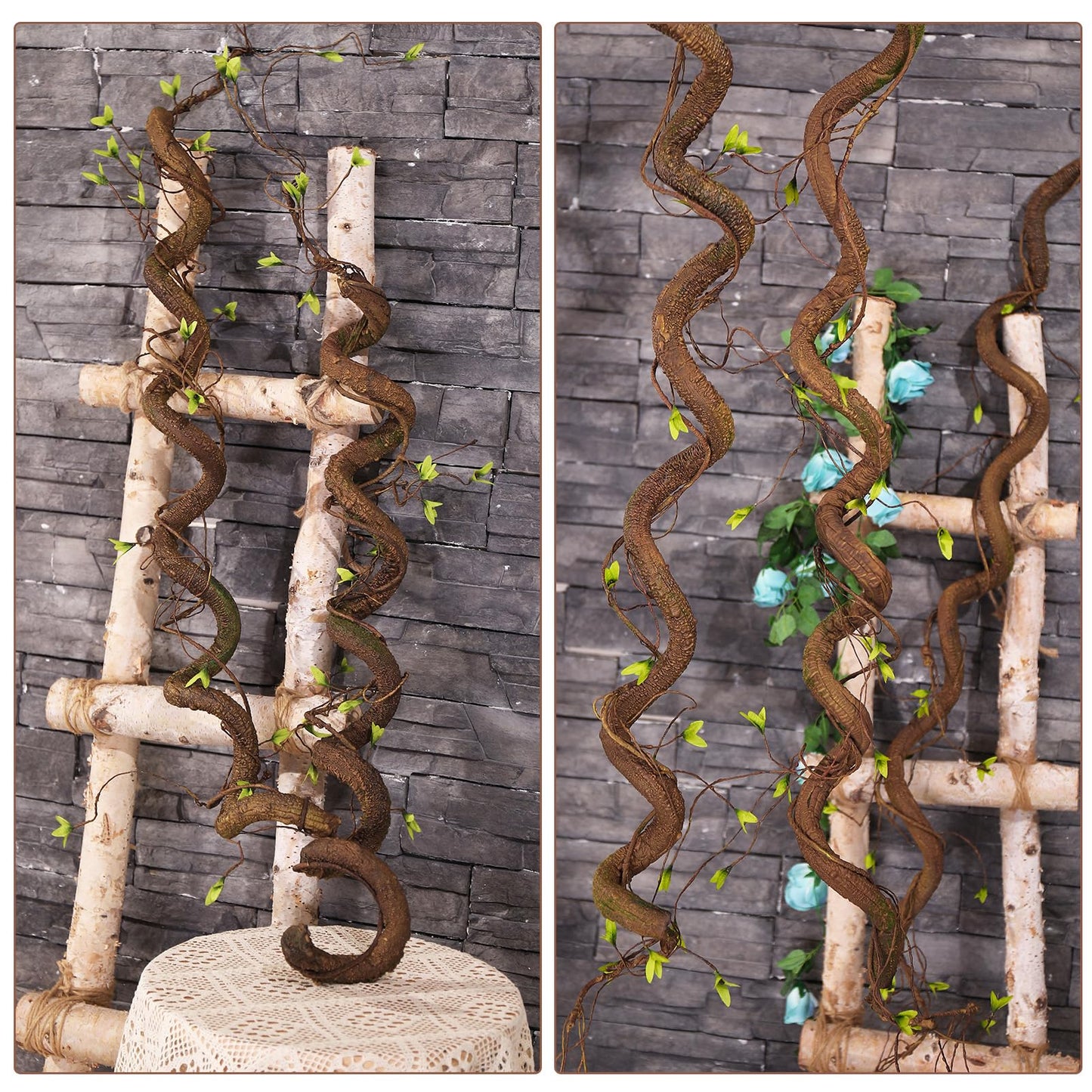63in Bendable Thick Artificial Tree Branches Faux Wood Tree Trunk Twigs Grapevines Moss Plants Garland With Green Leaves For Wall Hanging Reptile Climbing Halloween Outdoor Arch Home Garden Decoration