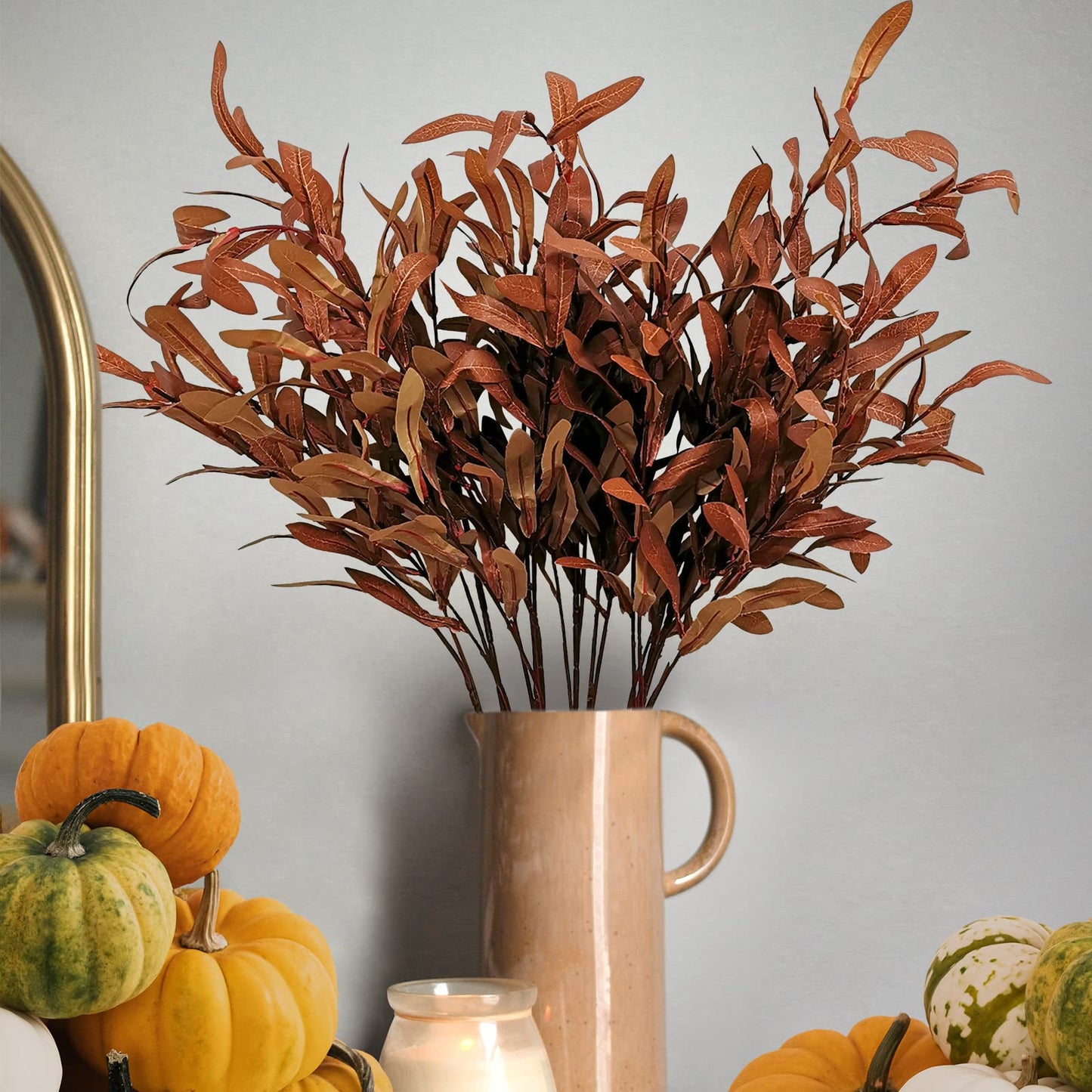 SNAIL GARDEN 5Pcs Fall Artificial Olive Leaves, 37" Long Stems Silk Greenery Autumn Eucalyptus Leaves Fake Plant Spray for Home Tall Vase Halloween Indoor Outdoor Table Centerpiece Fireplace Decor