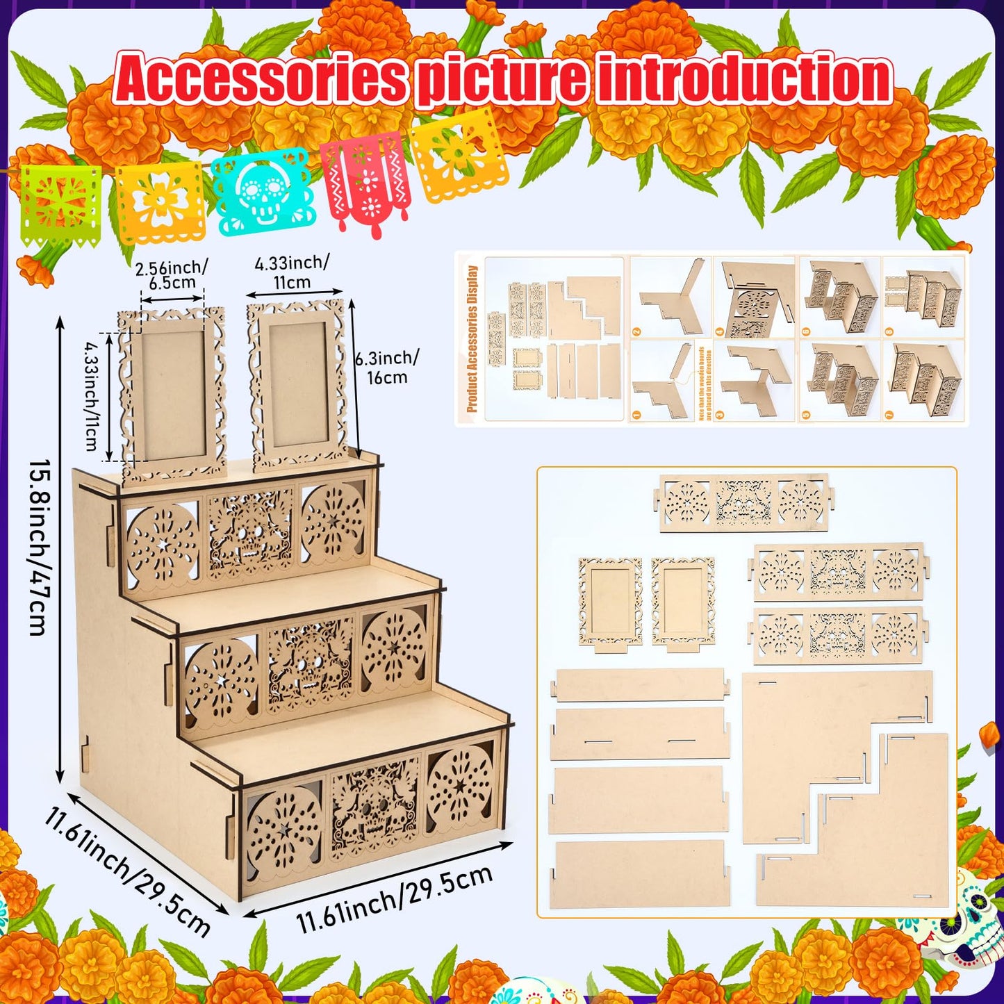 MotiMind Dia De Los Muertos 2 Photo Frame Three Layer Altar Ofrenda Box, Poplar Plywood Sugar Skulls and Pan de Muerto Papel Picado, Self Painting Shadow Box Frame The Day of The Dead Decor(Elegant)