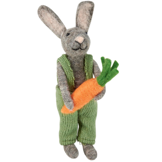 Primitives by Kathy Garden Rabbit Collectible Felt Critter, 9.75-inch, with Handmade Details, Holding Large Carrot, use for Tiered Tray or Tablescape with Our Other Easter & Spring Figures and Decor