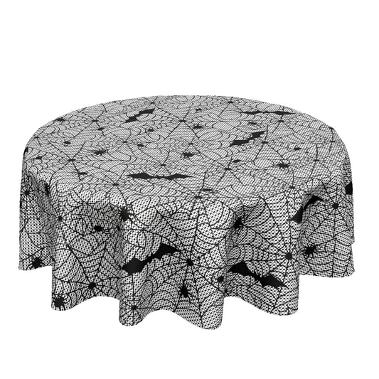 Sweetshow Halloween Bat Table Cloth Round Black and White Spider Web Tablecloth 70 Inch Decor Washable Stain and Wrinkle Resistant Round Table Cover for Dining Party Picnic