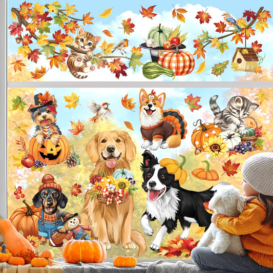 decalmile Fall Pumpkin Maple Leaves Double Sided Window Clings Autumn Harvest Dog Cat Scarecrow Birds on Tree Branch Anti-Collision Glass Doors Window Stickers Decals