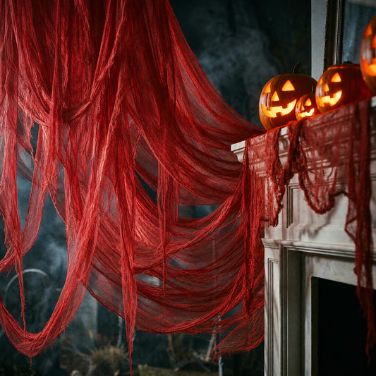 RunNico 400''x39'' Large Size Halloween Blood Red Scary Gauze, Fine Yarn Bloody Creepy Cloth for Haunted House, Spooky Fabric Hanging Decoration for Horror Themed Nightmare Party Porch Yard Wall Decor