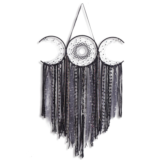ANROYE Black Triple Moon Goddess Macrame Wall Hanging, Wicca Crescent Dream Catcher for Witch Home, Dreamcatcher for Bedroom Decoration, Pagan Woven Tapestry for Wiccan Adults Decor