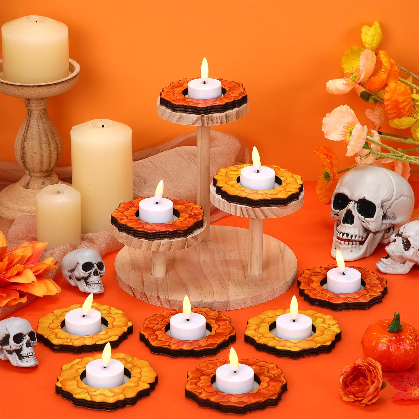 LemonRoad 12 Pcs Dia De Los Muertos Wooden Candle Holders Day of The Dead Marigold Home Table Decor for Mexican Party Day of The Dead Altar Decorations Remembrance Supplies Halloween Party Favors