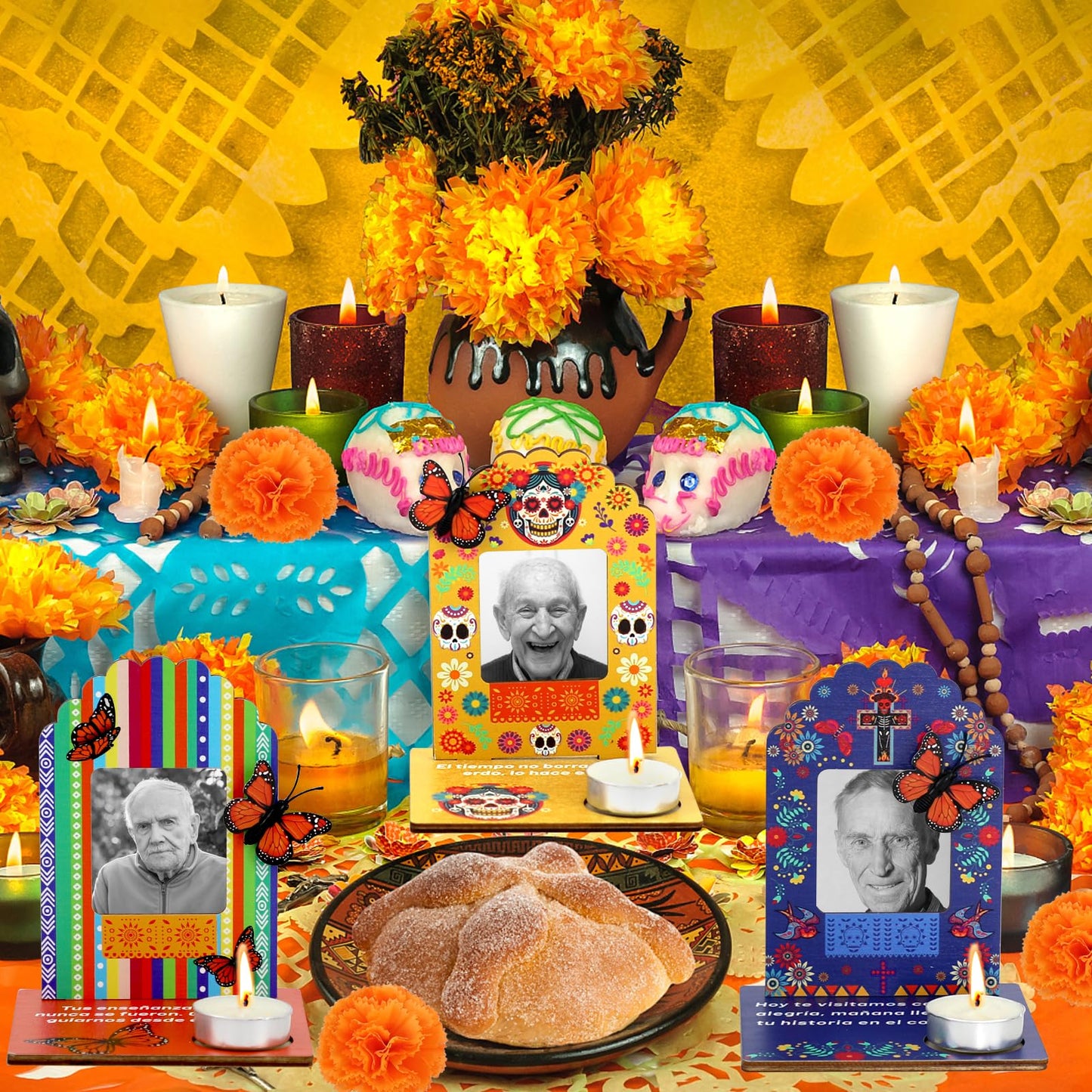 Dia De Los Muertos Decorations Picture Frames, Day of the Dead Altar with Candle, Marigold, Artificial Monarch Butterfly, Dia De Los Muertos Altar Kit Mini Sugar Skull Style Ofrenda Decorations