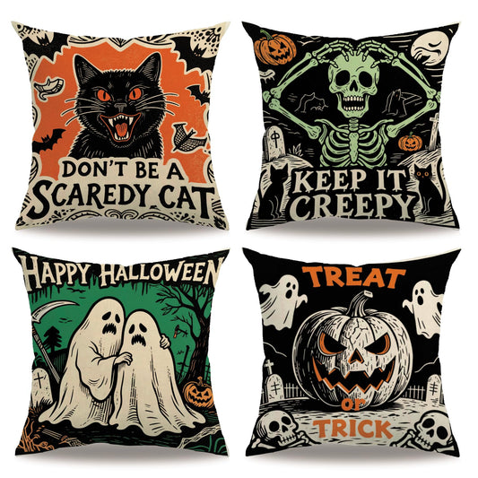 Halloween Decor Throw Pillow Covers 18x18 inch Black Orange Ghost Cat Skeleton Pumpkin Cushion Cases 4 Pack Fall Happy Halloween Seasonal Autumn Home Decor Pillowcases for Sofa Couch Patio(Orange)