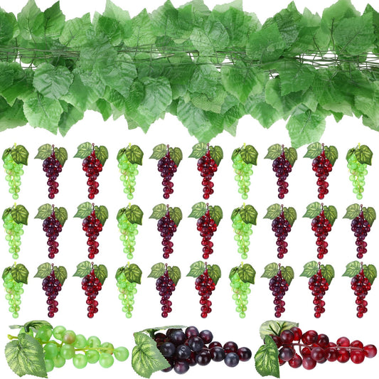 Wavyknot 30 Pack Artificial Fake Grapes with 12 Strands Faux Grape Vines Hanging Plant Leaves Realistic Fruits Decoration for Home Party Garland Wedding Outside Decor