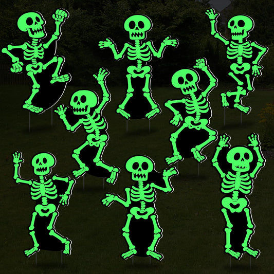 BOUTICOL 8 Pcs Halloween Glow in The Dark Skeleton Yard Signs Outdoor Decoration, Fluorescent Skeleton Ghost Yard Signs with Stakes for Lawn Garden Front Yard Cemetery Decor