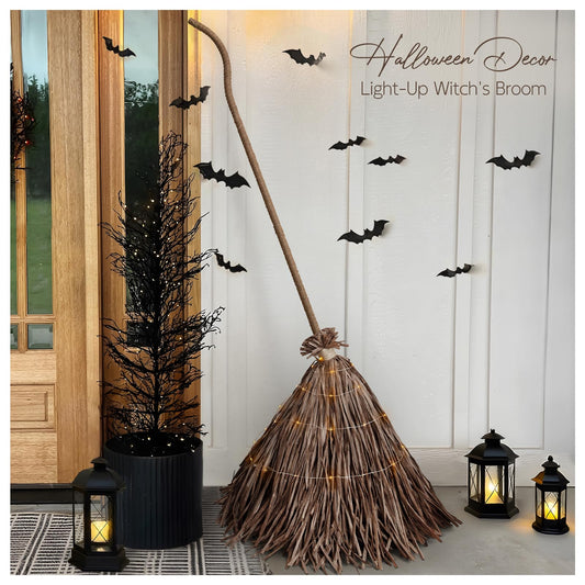 Halloween Decorations - Fall Decor for Home - 5.5 Ft Giant Light-Up Witches Broom - Rustic Farmhouse Decoration for Indoor Outdoor Front Door Porch