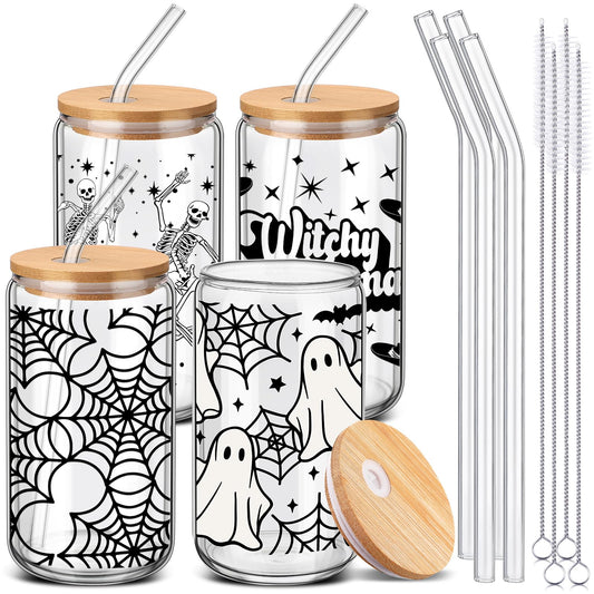 SiliFine 4 Pcs Halloween Glass Cups with Lid and Straw 16 oz Drinking Glasses Halloween Iced Coffee Cups Can Shape Ghost Spiderweb Skeleton Mug Tumbler for Women Men Birthday Party Favor Gift