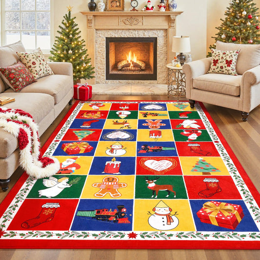 GREFFY Soft Area Rugs for Living Room, 5x7 Ft Checkered Vintage Washable Geometric Print Carpet, Non Slip Low Pile Soft Bedroom Home Decor Rugs for Bedside, Office, Dining Room, Nursery, Red