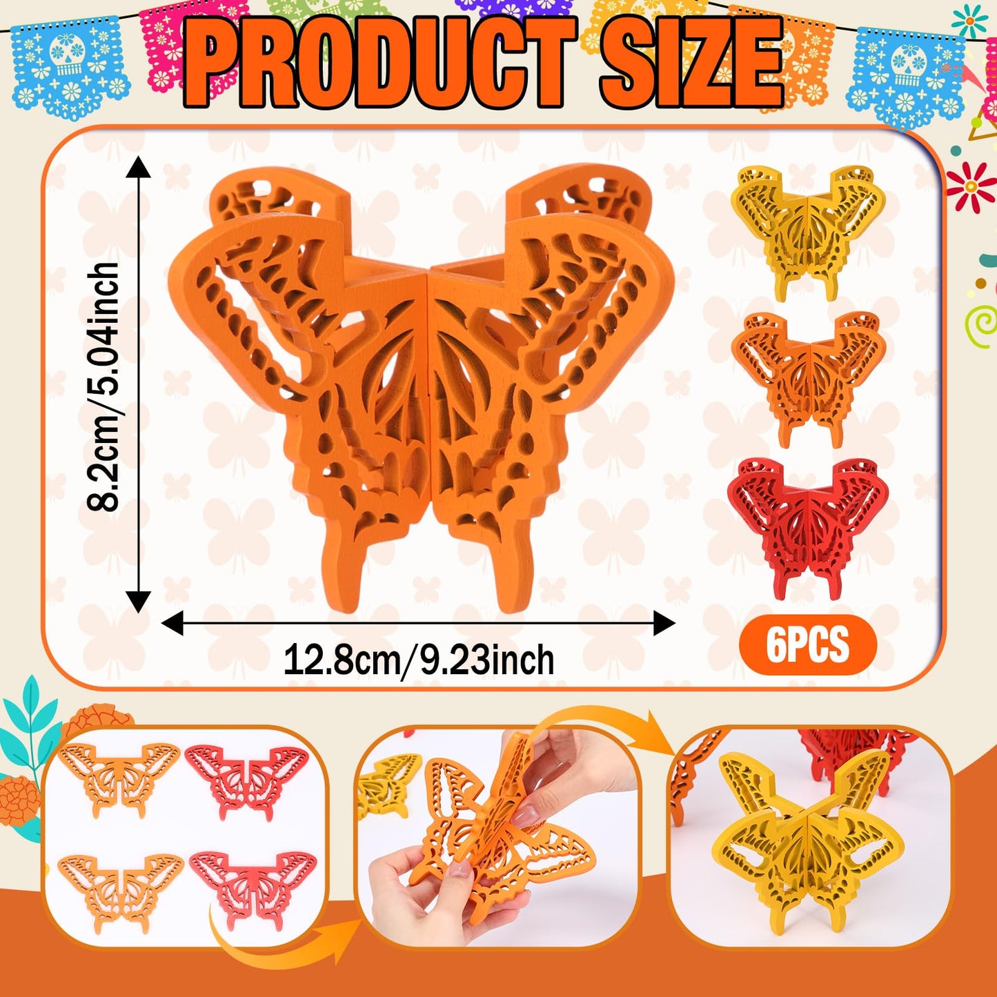 6 Pcs Day of The Dead Hollow Wooden Butterfly Candle Holder Dia De Los MuertosTable Centerpiece for Home Tabletop Decor Mexican Party Day of The Dead Altar Decorations Halloween Party Favors