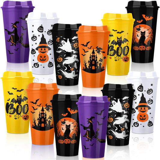 Pickmesh 12 Pack Halloween Reusable Coffee Cup Gift Bulk 16 oz Witch Bat Pumpkin Black Cat Horror Pattern Tumblers with Lid Plastic Cups Travel Coffee Mug Thank You Gifts for Hot and Cold Drinks