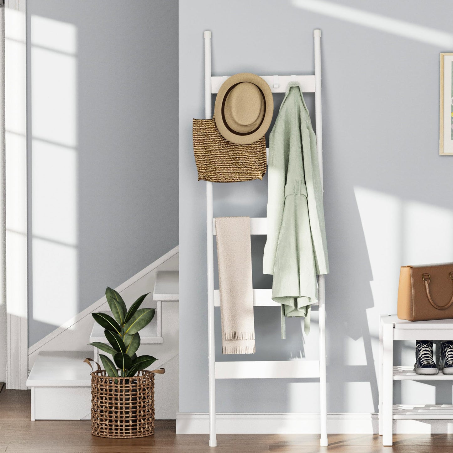 Blanket Ladder, 5-Tier Towel Holder with 4 Removable Hooks, Farmhouse Wall Leaning Decorative Rack Shelf, Wooden Towel Display Rack, Quilt Ladder for Living Room, Bedroom, White