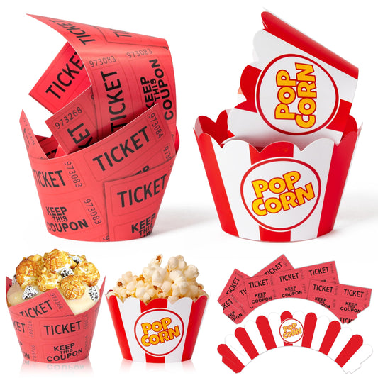 BUoonyer Popcorn Ticket Cupcake Wrappers - 80pcs Mardi Gras Pop Corn Muffin Liner Red White Baking Cup Cake Wrapping, Circus Theme Cake Wrap Supplies for Carnival Birthday Movie Night Party Decoration