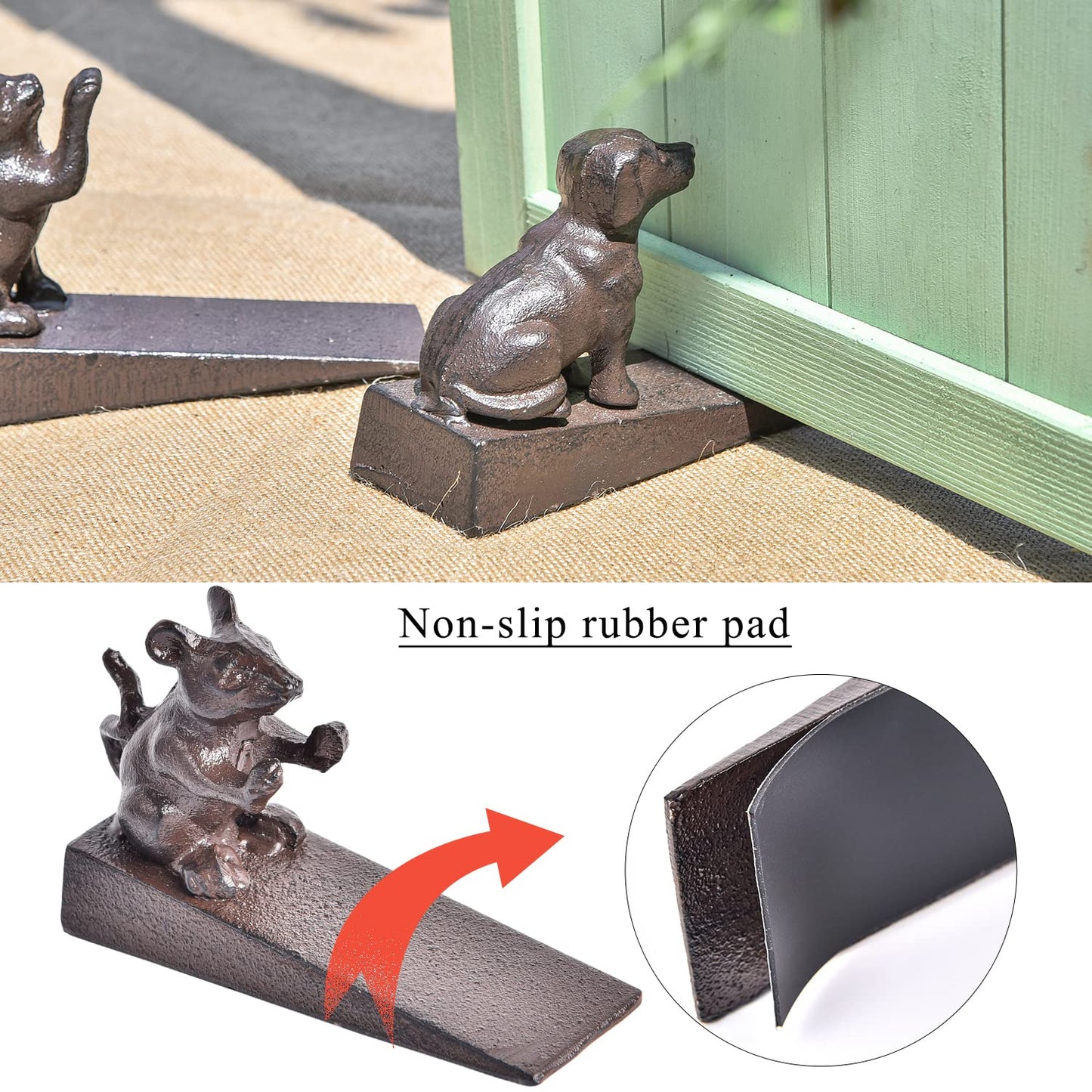Sungmor Heavy Duty Cast Iron Dog Door Stops | Decorative Cute Animal Statue Metal Door Stopper Wedge with Non-Slip Mat | Solid & Antique Style Windproof Door Holder for Patio Yard Garden Farmhouse