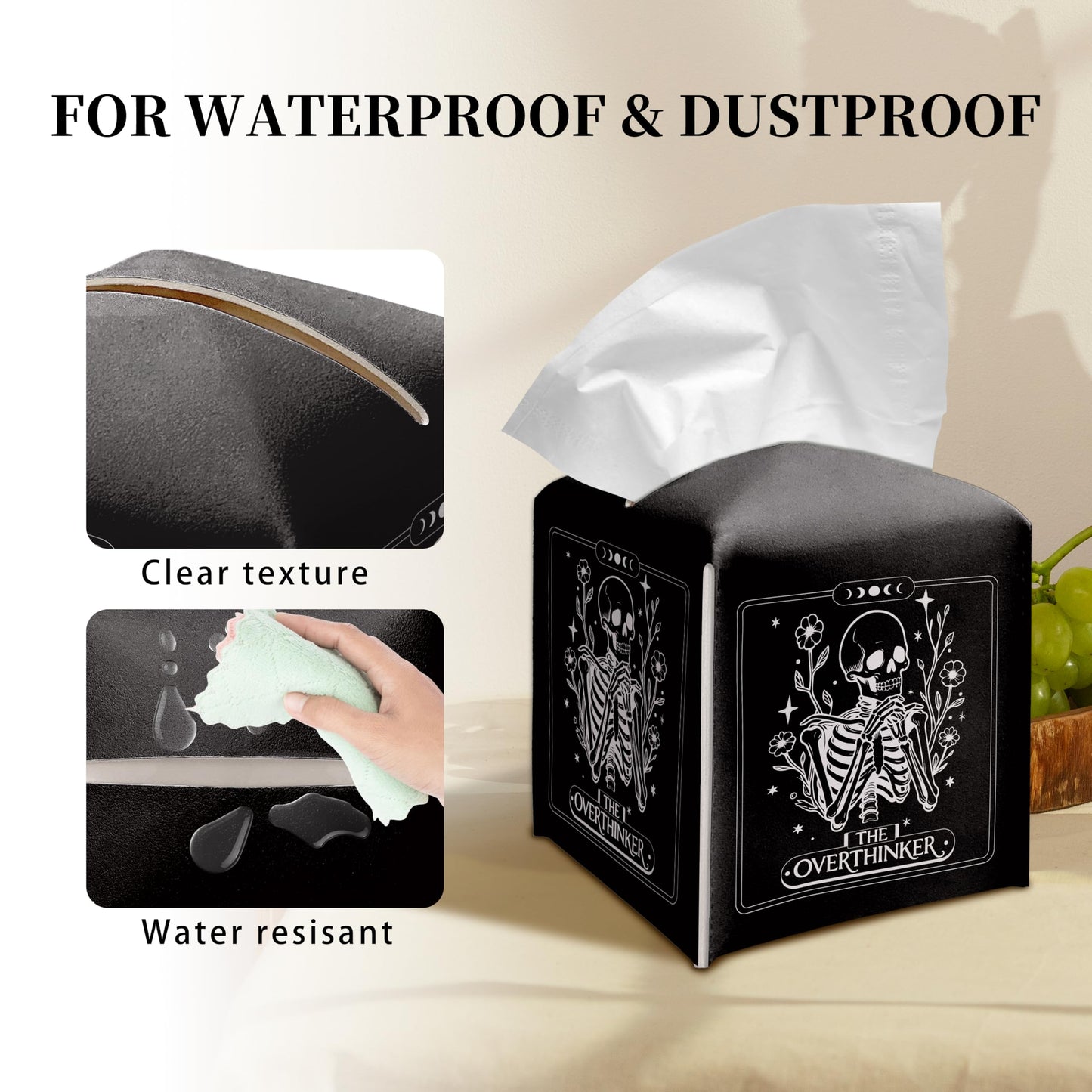 Grace Yonks Cute Tissue Box Cover Square - Gothic Skeleton “The Overthinker” Print, Funny Tarot-Inspired Design 5.2" PU Leather Holder for Vanity, Bathroom Counter - Cube Case for Facial Tissues(024)