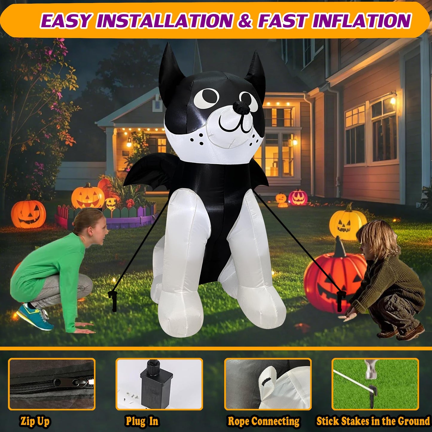 Trystway 4 FT Halloween Inflatable Dog French Bulldog with Bat Wings Decoration Blow Up Built-in LED for Holiday Lawn Yard Garden Home Indoor Outdoor Decor