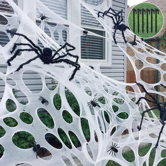 CESOF 2 Pack Giant Spider Web Halloween Decorations Outdoor, Pre-Cut Beef Netting Spiderwebs Super Stretchy DIY Spider Webbing with Stakes, Gauze Cobwebs for Haunted House Yard Garden Home Party Decor