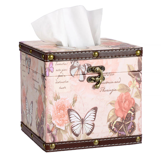 Hoowen Vintage Tissue Box Cover, Wood Square Tissue Box Holder, Decorative Butterflies Design Faux Leather Tissue Holders for Table Bathroom Living Room Kitchen Office Car Home Decor, Pink (Butterfly)