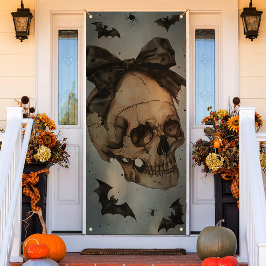 MKIJUHB Vintage Halloween Skull Door Cover, Coquette Bow Skeleton Bats Decoration Doorway Door Curtains Banners Backdrop Background Decor for Halloween Party, Indoor Outdoor Decorations, 35 * 79 Inch