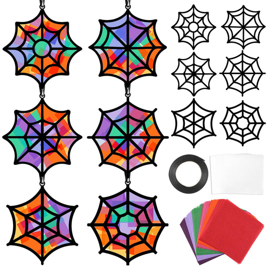 Qyeahkj 36 Set Halloween Spider Web Suncatchers Crafts DIY Hanging Spider Web Tissue Paper Crafts Kit Window Art Ornaments Decor for Halloween Activity Art Project Party Favor Gift