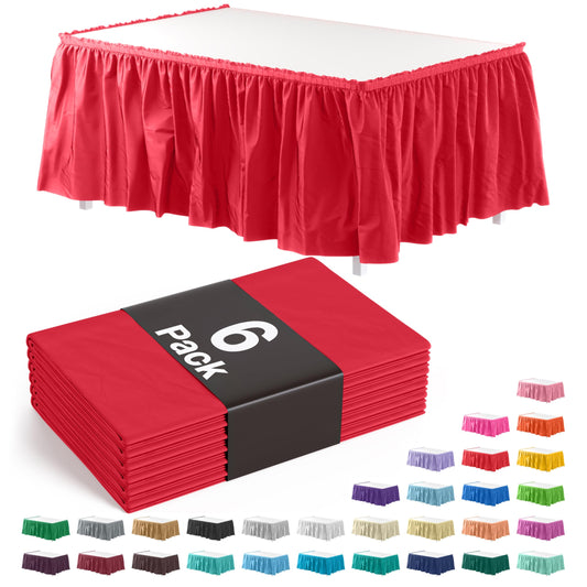 Exquisite Red Table Skirt 6 Pack - Disposable Plastic Table Skirts for Rectangle Tables 6ft 8ft & Round Tables - 29in x 14ft Self-Adhesive Strip - Birthday Wedding Gender Reveal Decor