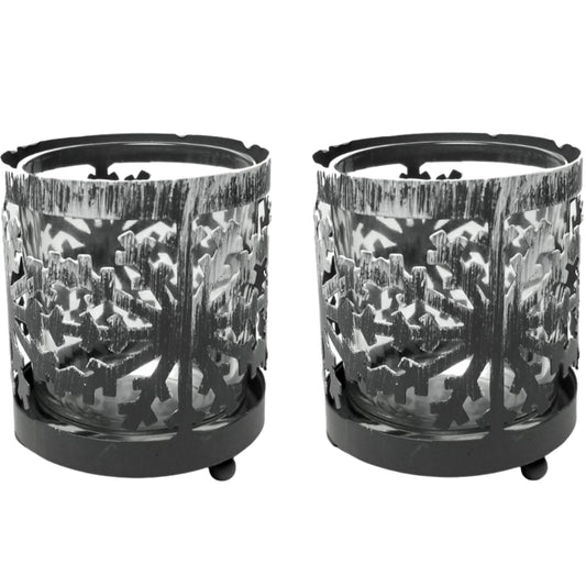 Metal Snowflake Candle Holders Set of 2 with Glass Votive Inserts, Winter Table Centerpiece Decorations, Christmas Snowflake Decor for Dining Table, Mantel, Shelf, Holiday Home Accent, 3 Inch Height
