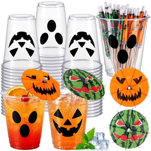 FoldTier 24 Set 12oz Summer Halloween Plastic Cups with Drink Umbrella Picks Bulk Halloween Cups with Cocktail Umbrella Stirrers Jack O Lantern Ghost Design for Trick or Treat Boo Party Supplies