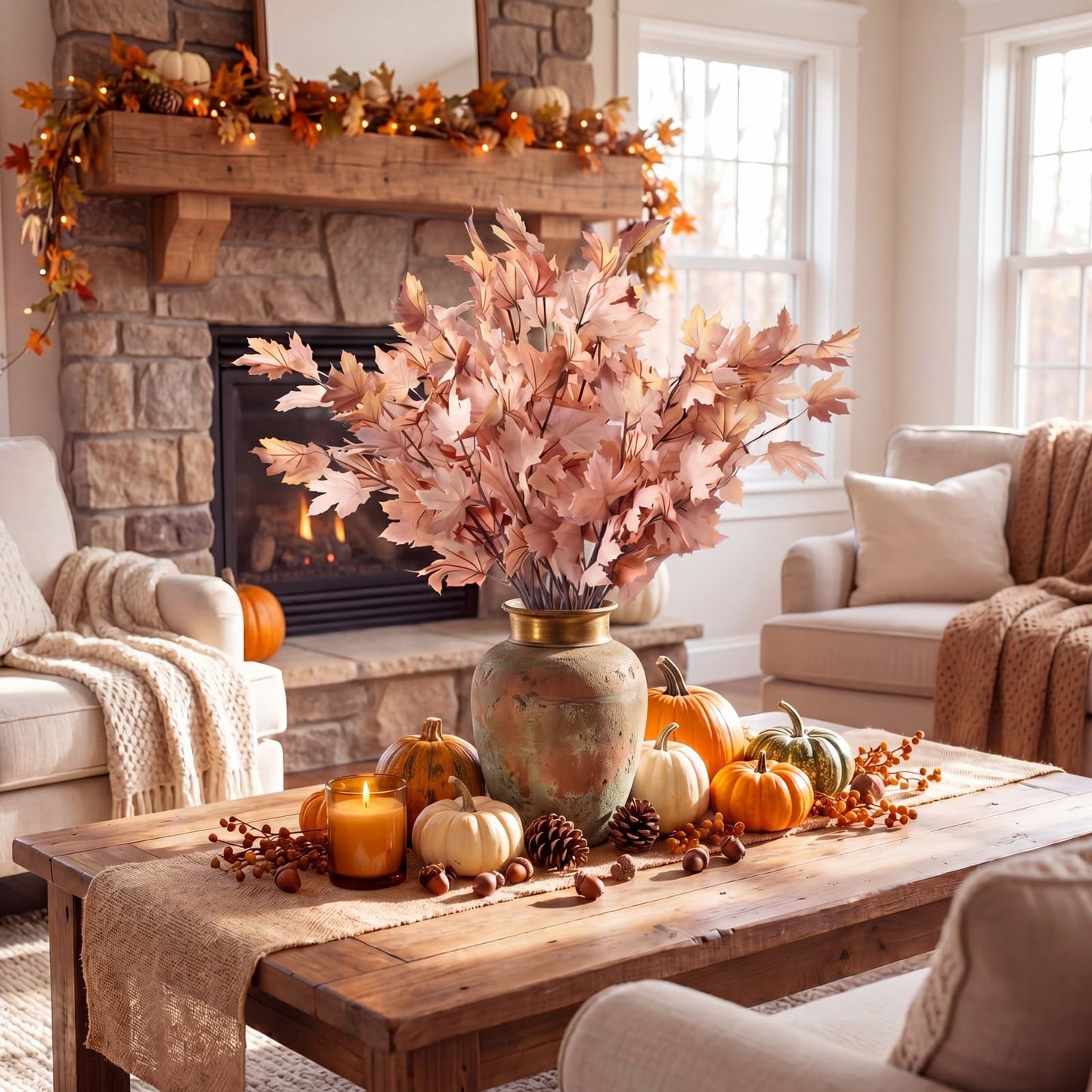 Suncalla 12 Pcs Fall Artificial Maple Leaves Stems, 37 Inch Neutral Fake Autumn Maple Foliage Branch for Thanksgiving Table Centerpiece, Boho Halloween Farmhouse Vase Filler(Dusty Blush Pink)