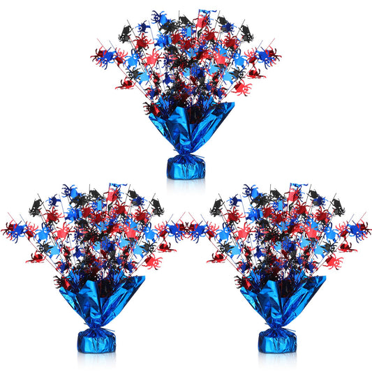 Amyhill 3 Pcs Halloween Spider Party Centerpiece Red Blue and Black Spider Birthday Party Favor Decoration Flash Foil Spray Table Centerpiece Red and Blue Decor for Hero Themed Table Decorations