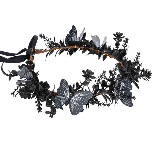 MOSTORY Handmade Black Flower Butterfly Crown - Gohic Elf Headpiece Fairy Floral Headband Dark Wreath for Women s Halloween Renaissance Cosplay Festival Witch Party