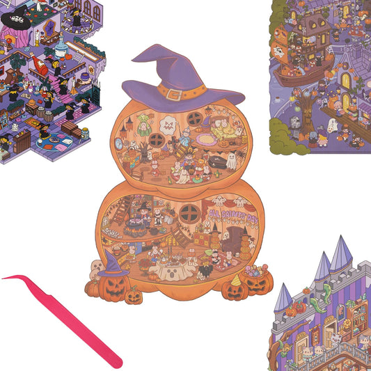 Halloween Extra Large Scene Stickers Set Include 4 Big Size 3D DIY Sticker with Background Card & Tweezer: Miniature House & Room Creative Play Kits for Adults Stress Relief Pass Time