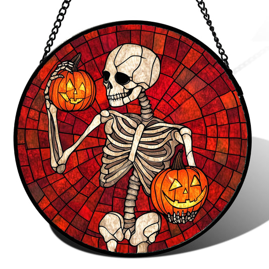 CRISGIF Stained Glass Window Hanging - Halloween Decorations Skeleton Pumpkin Suncatcher for Doors Garden Indoor Spooky Funny Sun Catchers Gothic Decor Horror Gifts for Women Men Friend 6.3 in