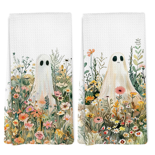 EGBTL Halloween Ghost Floral Kitchen Towels, Cottagecore Wildflower Ghost Hand Towels for Bathroom Decor, Spooky Halloween Flower Dishcloths Dish Towel for Kitchen Cottage 16x24 Inches Set of 2