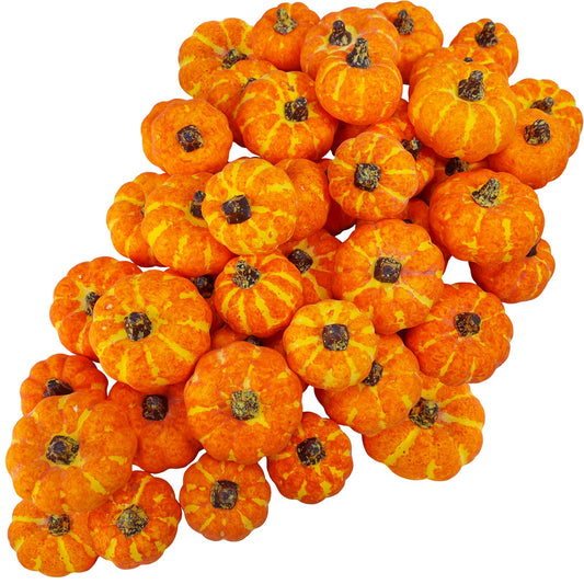 Winlyn 48 Pcs Mini Artificial Orange Pumpkins Fall Rustic Harvest Faux Foam Pumpkins 1.8" 2.1" for Thanksgiving Table Centerpiece Halloween Party Autumn Home Wedding Baby Shower Wreath Bowl Fillers