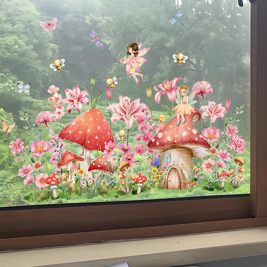 AOLTNRC Fairy Garden Window Clings, Double-Side Glass Decals Enchanted Mushroom House with Flowers and Butterflies Glass Stickers, Reusable Nursery Room Home Decor (Pink)