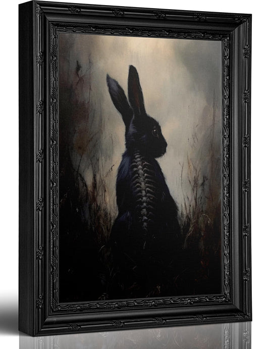 Gothic Skeleton Rabbit Wall Art, Dark Academia Black Hare Framed Canvas Wall Decor, Macabre Vintage Print for Home, Living Room, Bedroom, 9x11 Inch