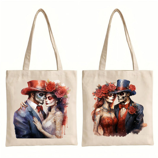 Fall Halloween Tote Bags 2Pcs, Cotton Blend Canvas Tote with Pumpkin Ghost Witch Prints, Reusable Shoulder Bags for Thanksgiving Party Trick or Treat Gift (ghostly lovers)