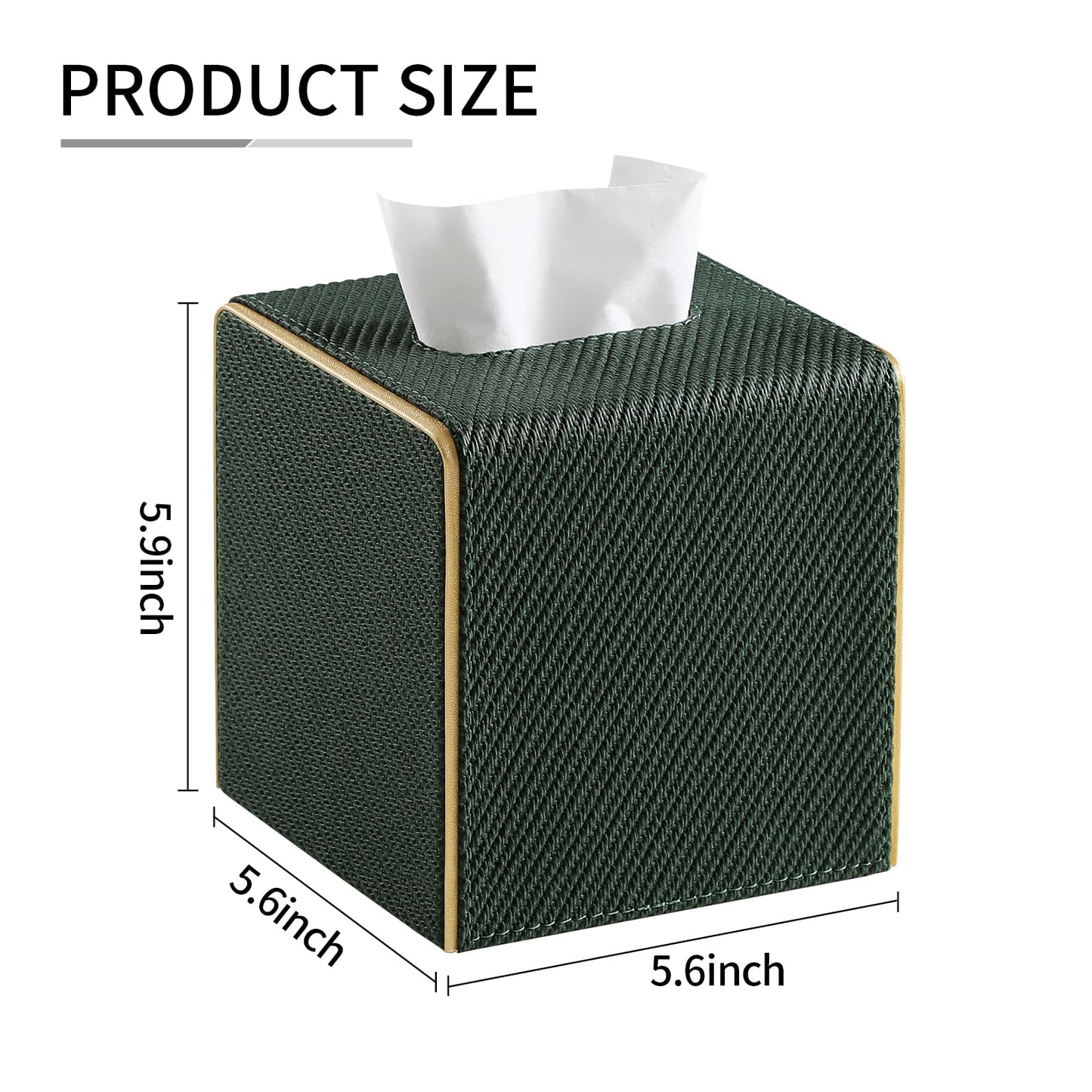 Square PU Leather Tissue Box Cover with Magnetic Closure, Decorative Tissue Holder & Storage Container for Bedroom, Living Room, Dining Room, Bathroom, Countertop, Desk (Square Dark Green Twill)