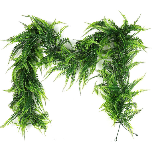 RECUTMS 2Pcs 5.8Ft Artificial Boston Ferns Garland Fake Hanging Plant Greenery Leaves Ivy Garland Faux Ferns Vines for Spring Sunmmer Outdoor Indoor Home Garden Wedding Graduation Party Wall Decor
