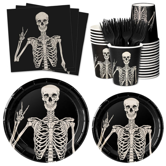 JarThenaAMCS Halloween Tableware Set Smiling Skeleton Disposable Party Supplies Black 9 &7 Inch Paper Plates 6.5 Inch Napkins Cups and Cutlery for 25 Guests