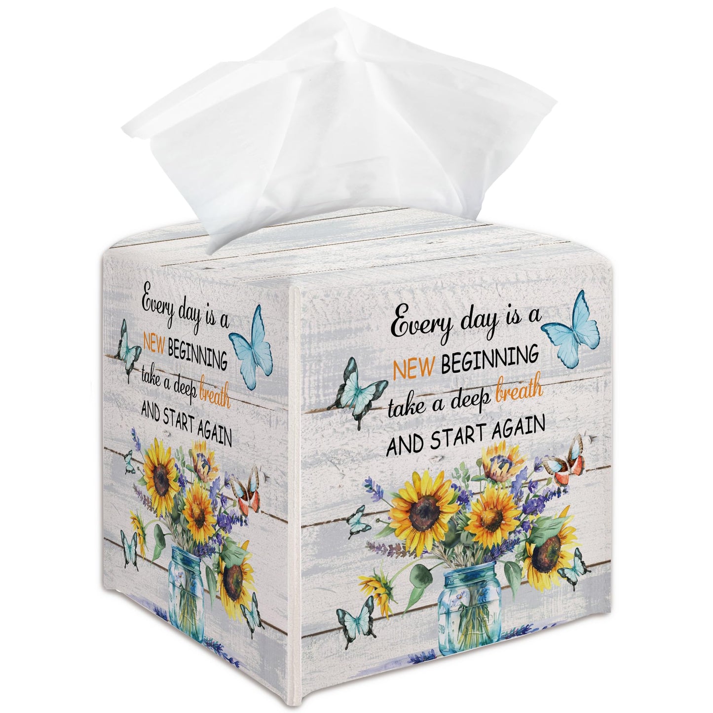 Floral and Butterflies Tissue Box Cover Holder, Tissue Box Cover Holder with Belt Bottom, New Beginnings Gift for Family Friends, Home Bathroom Table Decor-(5.2 Inches) A18