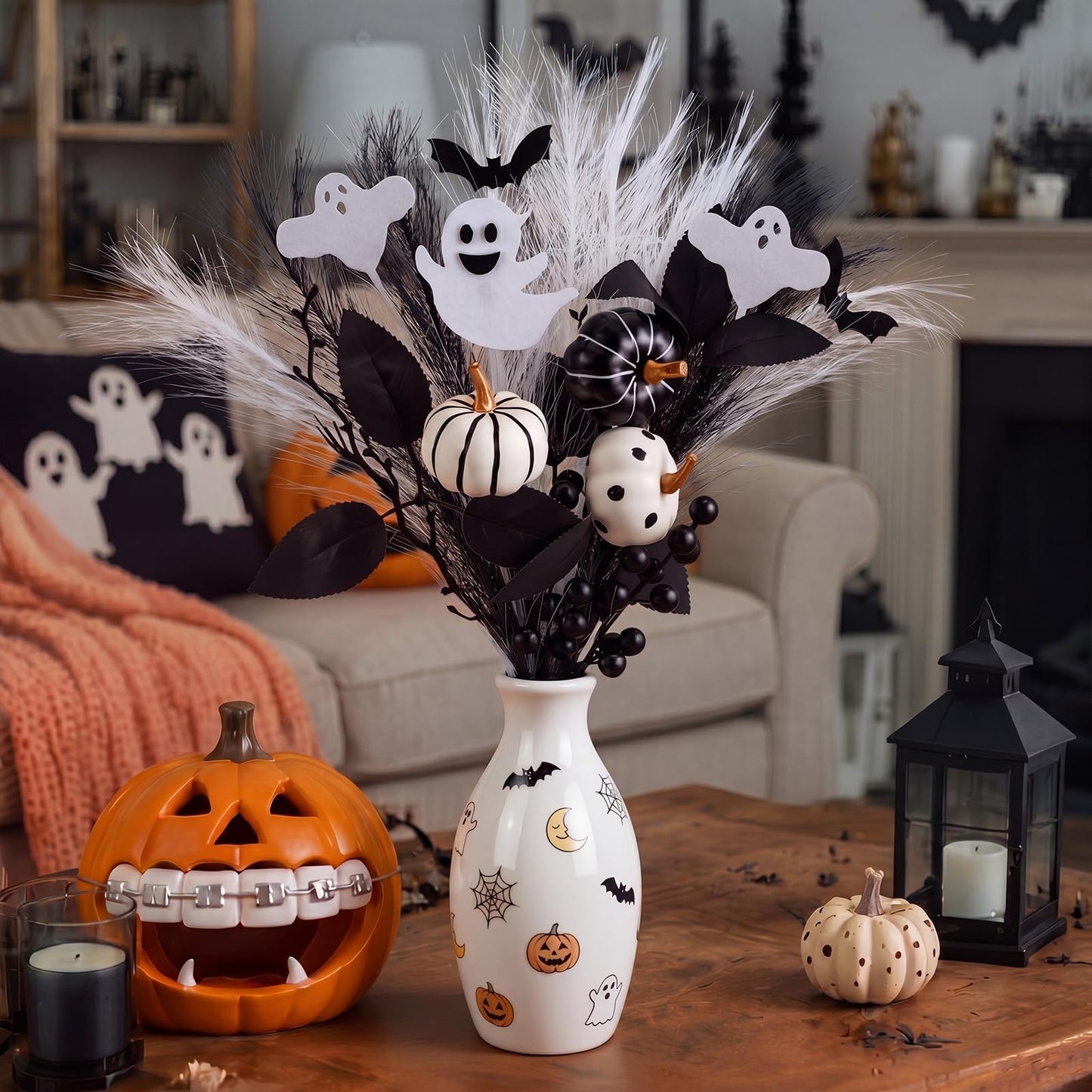 Zeyune Black Artificial Flowers 17'' Halloween Floral Picks with Cute Ghost Pumpkin Halloween Vase Filler Gothic Flower Bouquet Black Branches Centerpiece for Bedroom Living Room Witchy Home Decor